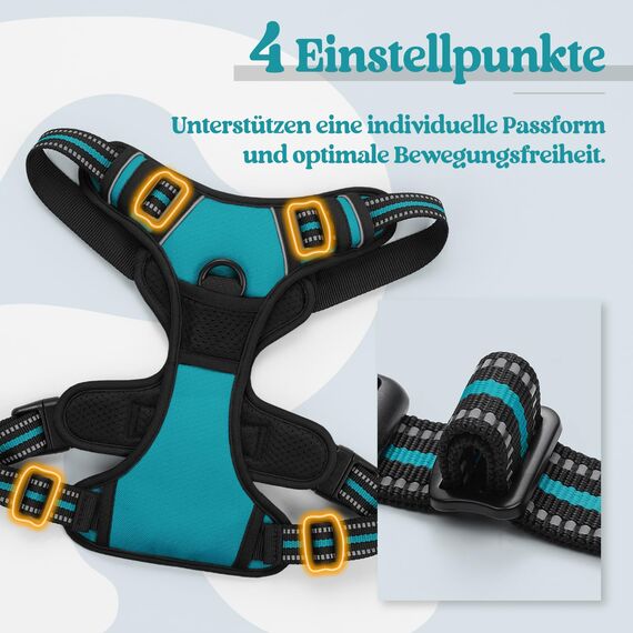 rabbitgoo Hundegeschirr Grosse Hunde, Anti Zug Geschirr mit Kontrolle, No Pull Verstellbar Hundegeschirr Mittelgroße Hunde, Atmungsaktiv Reflexstreifen Brustgeschirr Sichere Führung, Blaugrün, XL