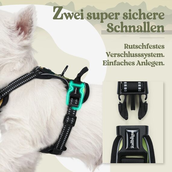 rabbitgoo Hundegeschirr Mittelgroße Hunde, Anti Zug Geschirr mit Kontrolle, No Pull Verstellbar Hundegeschirr Grosse Hunde, Atmungsaktiv Reflexstreifen Brustgeschirr Sichere，Camouflage Grün，XS