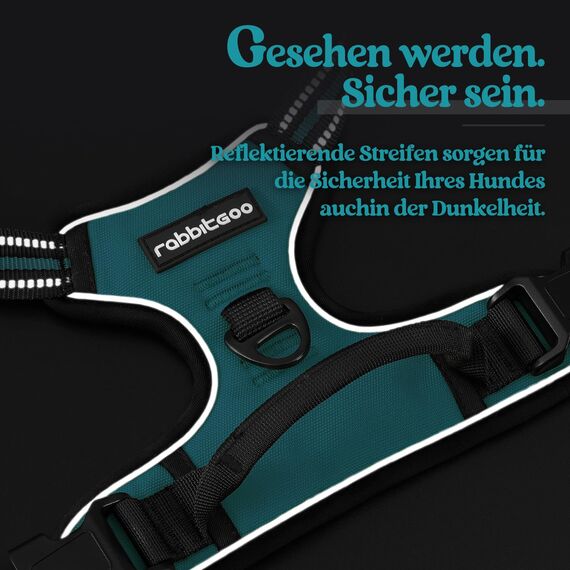 rabbitgoo Hundegeschirr Grosse Hunde, Anti Zug Geschirr mit Kontrolle, No Pull Verstellbar Hundegeschirr Mittelgroße Hunde, Atmungsaktiv Reflexstreifen Brustgeschirr Sichere Führung, Blaugrün, XL
