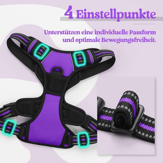 rabbitgoo Hundegeschirr Mittelgroße Hunde, Anti Zug Geschirr mit Kontrolle, No Pull Verstellbar Hundegeschirr Grosse Hunde, Atmungsaktiv Reflexstreifen Brustgeschirr Sichere Führung Lila M