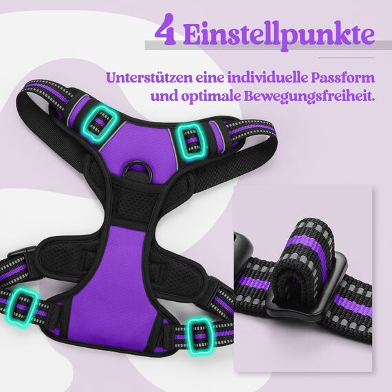 rabbitgoo Hundegeschirr Grosse Hunde, Anti Zug Geschirr mit Kontrolle, No Pull Verstellbar Hundegeschirr Mittelgroße Hunde, Atmungsaktiv Reflexstreifen Brustgeschirr Sichere Führung, Lila, L