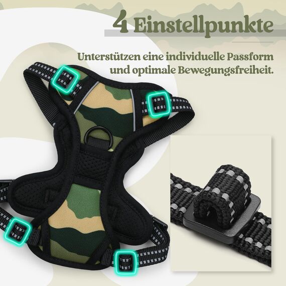 rabbitgoo Hundegeschirr Mittelgroße Hunde, Anti Zug Geschirr mit Kontrolle, No Pull Verstellbar Hundegeschirr Grosse Hunde, Atmungsaktiv Reflexstreifen Brustgeschirr Sichere，Camouflage Grün，XS