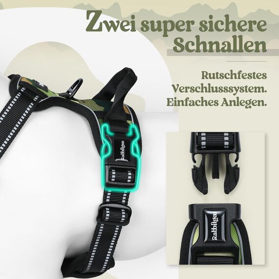 rabbitgoo Hundegeschirr Mittelgroße Hunde, Anti Zug Geschirr mit Kontrolle, No Pull Verstellbar Hundegeschirr Grosse Hunde, Atmungsaktiv Reflexstreifen Brustgeschirr Sichere，Camouflage Grün，S