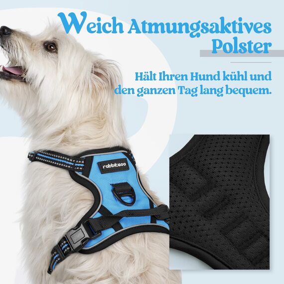 rabbitgoo Hundegeschirr Kleine Hunde, Anti Zug Geschirr mit Kontrolle, No Pull Verstellbar Hundegeschirr Grosse Hunde, Atmungsaktiv Reflexstreifen Brustgeschirr Sichere Führung Hellblau XS