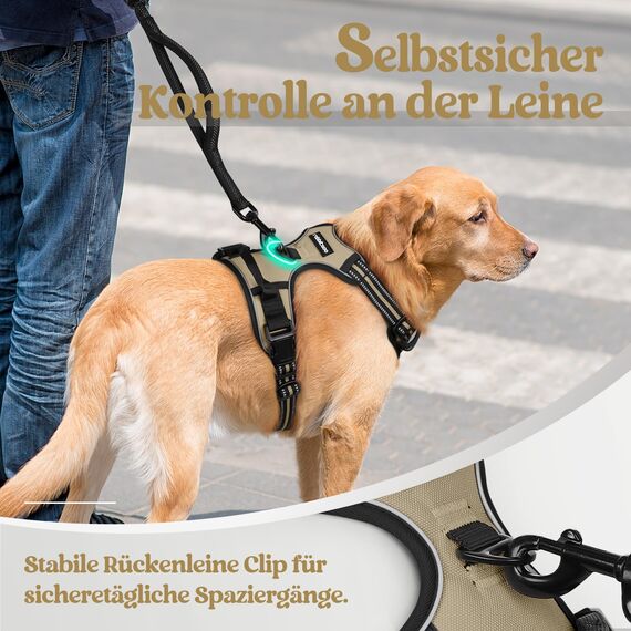 rabbitgoo Hundegeschirr Grosse Hunde, Anti Zug Geschirr mit Kontrolle, No Pull Verstellbar Hundegeschirr Mittelgroße Hunde, Atmungsaktiv Reflexstreifen Brustgeschirr Sichere Führung, Kaki, L