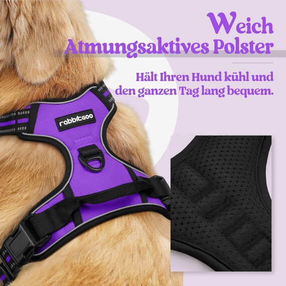 rabbitgoo Hundegeschirr Grosse Hunde, Anti Zug Geschirr mit Kontrolle, No Pull Verstellbar Hundegeschirr Mittelgroße Hunde, Atmungsaktiv Reflexstreifen Brustgeschirr Sichere Führung, Lila, L