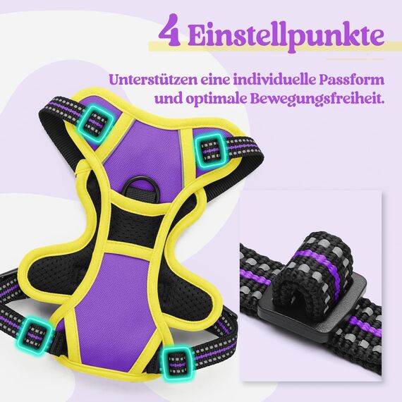 rabbitgoo Hundegeschirr Kleine Hunde Anti Zug Geschirr Hund mit Kontrolle No Pull Verstellbar Hundegeschirr Grosse Hunde Atmungsaktiv Reflexstreifen Brustgeschirr Hund Sichere Führung Lila+Gelb XS