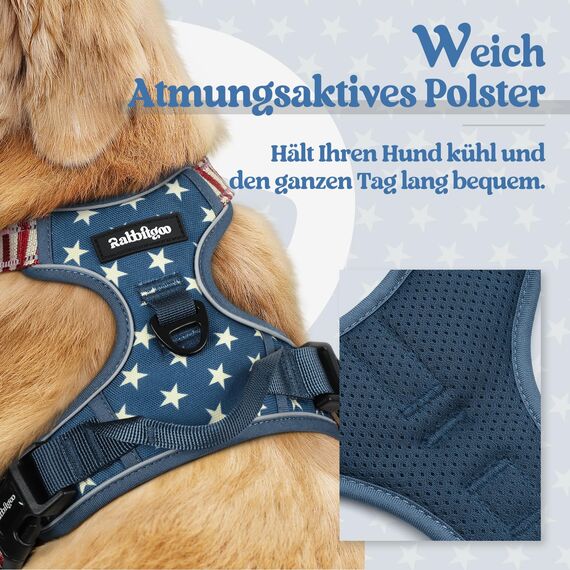 rabbitgoo Hundegeschirr Mittelgroße Hunde, Anti Zug Geschirr mit Kontrolle, No Pull Verstellbar Hundegeschirr Grosse Hunde, Atmungsaktiv Reflexstreifen Brustgeschirr Sichere，Blauer Stern，M