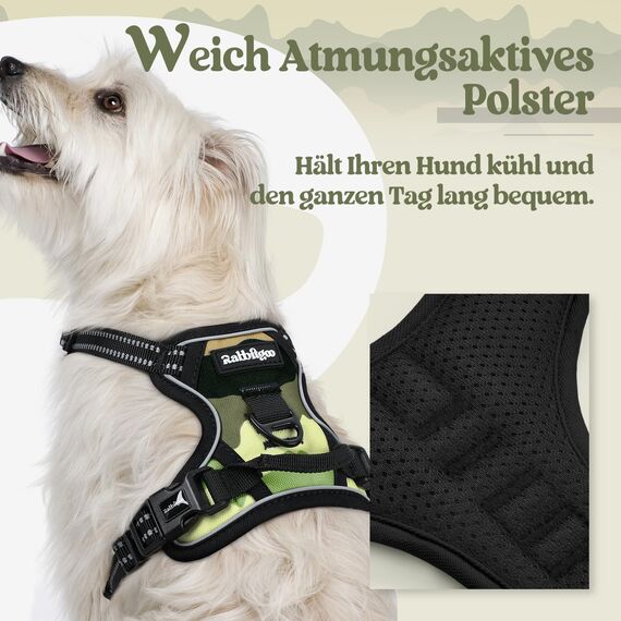 rabbitgoo Hundegeschirr Mittelgroße Hunde, Anti Zug Geschirr mit Kontrolle, No Pull Verstellbar Hundegeschirr Grosse Hunde, Atmungsaktiv Reflexstreifen Brustgeschirr Sichere，Camouflage Grün，XS