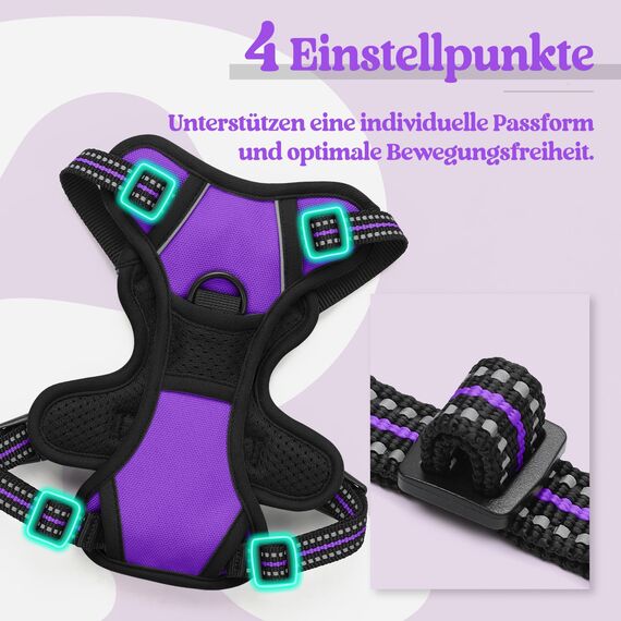 rabbitgoo Hundegeschirr Kleine Hunde, Anti Zug Geschirr mit Kontrolle, No Pull Verstellbar Hundegeschirr Grosse Hunde, Atmungsaktiv Reflexstreifen Brustgeschirr Sichere Führung Lila XS