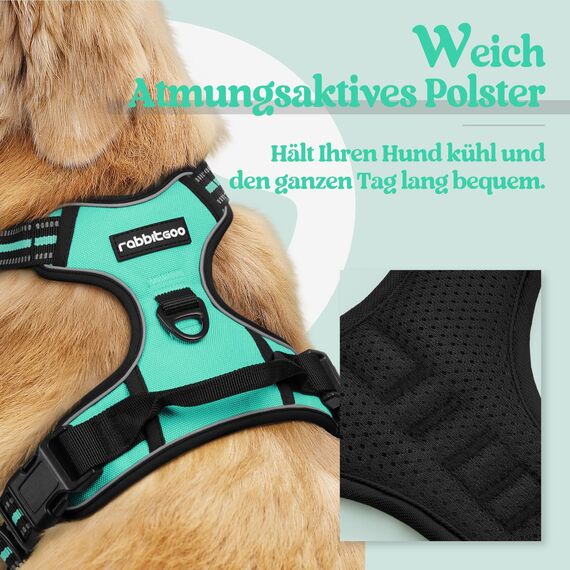 rabbitgoo Hundegeschirr Grosse Hunde, Anti Zug Geschirr mit Kontrolle, No Pull Verstellbar Hundegeschirr Mittelgroße Hunde, Atmungsaktiv Reflexstreifen Brustgeschirr Sichere Führung, Mint Grün, L