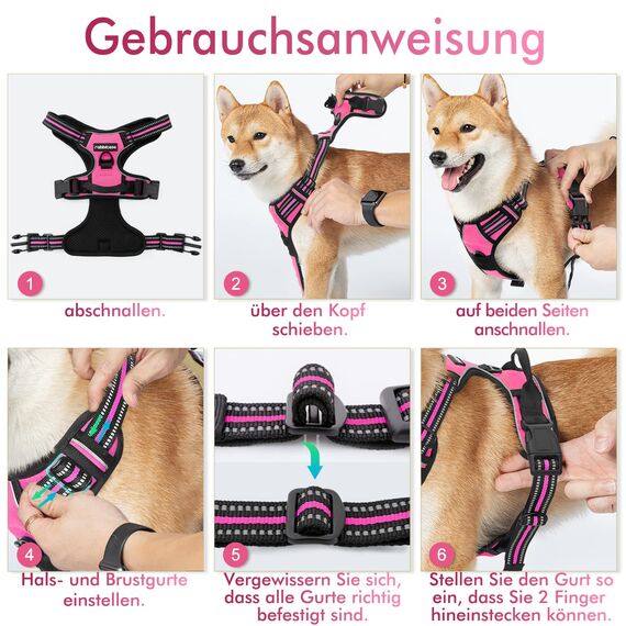 rabbitgoo Hundegeschirr Grosse Hunde, Anti Zug Geschirr mit Kontrolle, No Pull Verstellbar Hundegeschirr Mittelgroße Hunde, Atmungsaktiv Reflexstreifen Brustgeschirr Sichere Führung, Rosarot, L