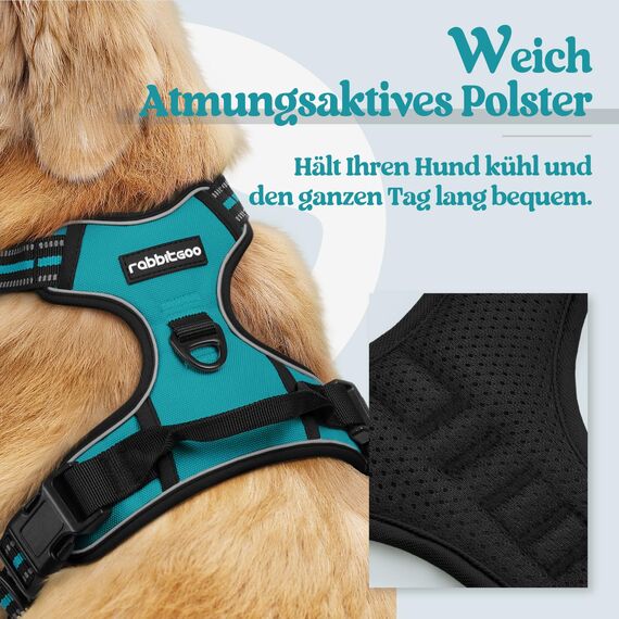 rabbitgoo Hundegeschirr Grosse Hunde, Anti Zug Geschirr mit Kontrolle, No Pull Verstellbar Hundegeschirr Mittelgroße Hunde, Atmungsaktiv Reflexstreifen Brustgeschirr Sichere Führung, Blaugrün, XL