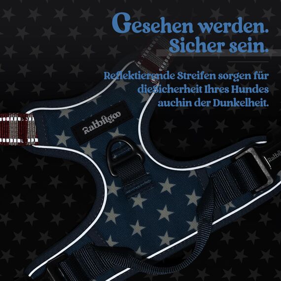 rabbitgoo Hundegeschirr Mittelgroße Hunde, Anti Zug Geschirr mit Kontrolle, No Pull Verstellbar Hundegeschirr Grosse Hunde, Atmungsaktiv Reflexstreifen Brustgeschirr Sichere，Blauer Stern，L
