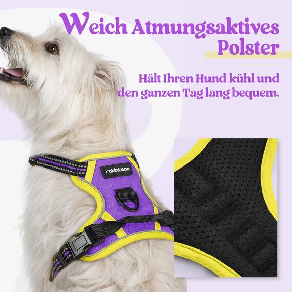 rabbitgoo Hundegeschirr Kleine Hunde Anti Zug Geschirr Hund mit Kontrolle No Pull Verstellbar Hundegeschirr Grosse Hunde Atmungsaktiv Reflexstreifen Brustgeschirr Hund Sichere Führung Lila+Gelb XS