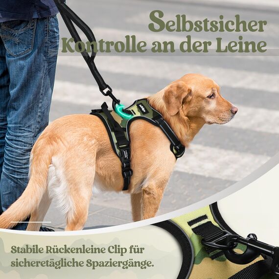 rabbitgoo Hundegeschirr Mittelgroße Hunde, Anti Zug Geschirr mit Kontrolle, No Pull Verstellbar Hundegeschirr Grosse Hunde, Atmungsaktiv Reflexstreifen Brustgeschirr Sichere，Camouflage Grün，L