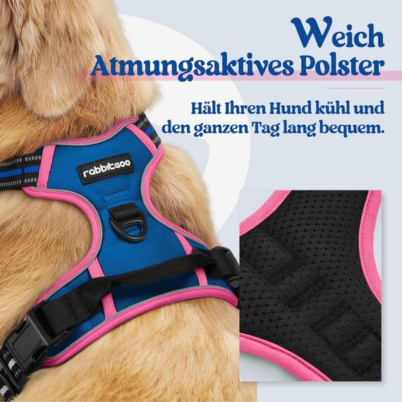 rabbitgoo Hundegeschirr Grosse Hunde, Anti Zug Geschirr mit Kontrolle, No Pull Verstellbar Hundegeschirr Mittelgroße Hunde, Atmungsaktiv Reflexstreifen Brustgeschirr Sichere Führung, Blau & Rosarot,XL