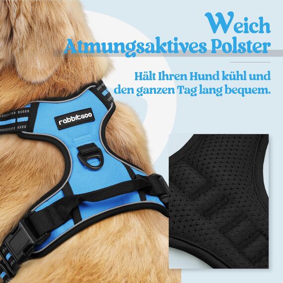 rabbitgoo Hundegeschirr Mittelgroße Hunde, Anti Zug Geschirr mit Kontrolle, No Pull Verstellbar Hundegeschirr Grosse Hunde, Atmungsaktiv Reflexstreifen Brustgeschirr Sichere Führung Hellblau M