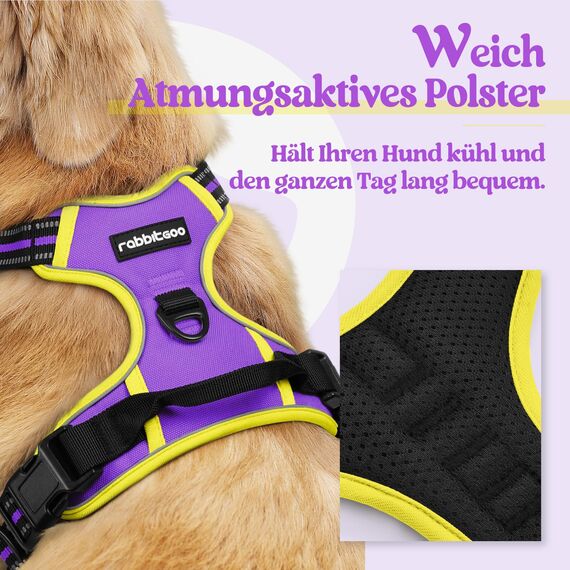 rabbitgoo Hundegeschirr Mittelgroße Hunde Anti Zug Geschirr Hund mit Kontrolle No Pull Verstellbar Hundegeschirr Grosse Hunde Atmungsaktiv Reflexstreifen Brustgeschirr Sichere Führung Lila+Gelb M