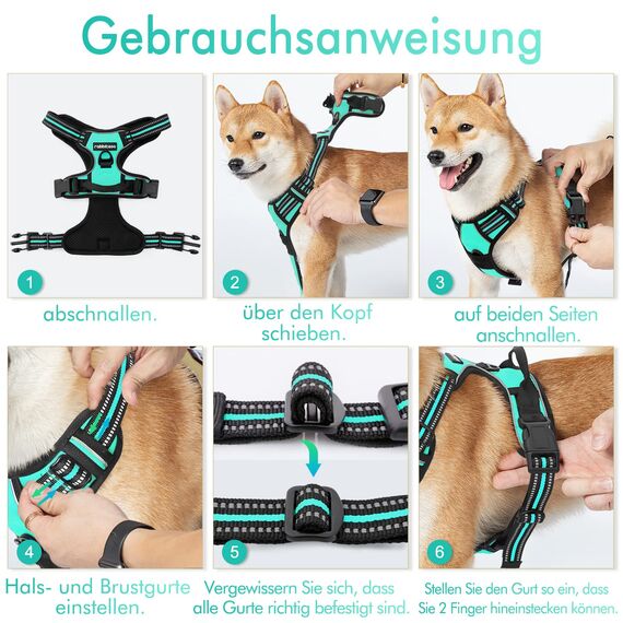 rabbitgoo Hundegeschirr Grosse Hunde, Anti Zug Geschirr mit Kontrolle, No Pull Verstellbar Hundegeschirr Mittelgroße Hunde, Atmungsaktiv Reflexstreifen Brustgeschirr Sichere Führung, Mint Grün, XL