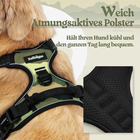 rabbitgoo Hundegeschirr Mittelgroße Hunde, Anti Zug Geschirr mit Kontrolle, No Pull Verstellbar Hundegeschirr Grosse Hunde, Atmungsaktiv Reflexstreifen Brustgeschirr Sichere，Camouflage Grün，M
