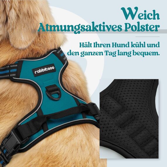 rabbitgoo Hundegeschirr Mittelgroße Hunde, Anti Zug Geschirr mit Kontrolle, No Pull Verstellbar Hundegeschirr Grosse Hunde, Atmungsaktiv Reflexstreifen Brustgeschirr Sichere Führung Dunkelgrün L
