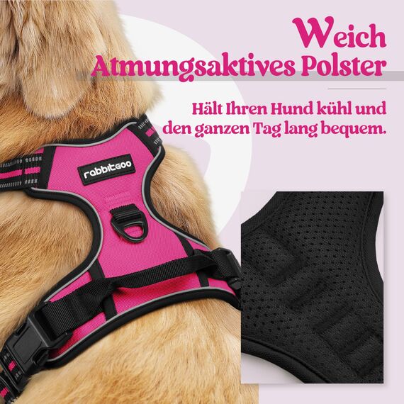 rabbitgoo Hundegeschirr Grosse Hunde, Anti Zug Geschirr mit Kontrolle, No Pull Verstellbar Hundegeschirr Mittelgroße Hunde, Atmungsaktiv Reflexstreifen Brustgeschirr Sichere Führung, Rosarot, L