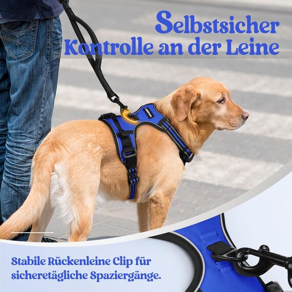 rabbitgoo Hundegeschirr Mittelgroße Hunde, Anti Zug Geschirr mit Kontrolle, No Pull Verstellbar Hundegeschirr Grosse Hunde, Atmungsaktiv Reflexstreifen Brustgeschirr Sichere Führung Blau S