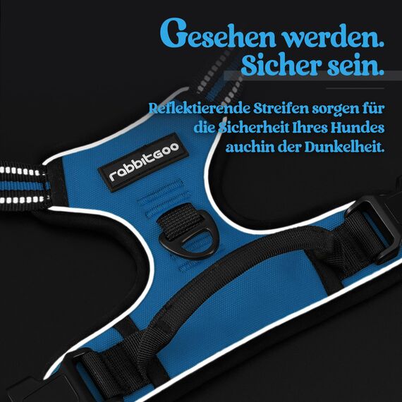 rabbitgoo Hundegeschirr Mittelgroße Hunde, Anti Zug Geschirr mit Kontrolle, No Pull Verstellbar Hundegeschirr Grosse Hunde, Atmungsaktiv Reflexstreifen Brustgeschirr Sichere Führung Hellblau M