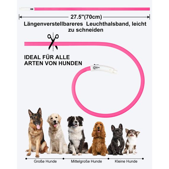 Joytale Leuchthalsband Hund USB Aufladbar Hundehalsband Leuchtend für Große Mittel Kleine Hunde und Welpe, Led Halsband mit 3 Modi für Sicherheit, Rosa