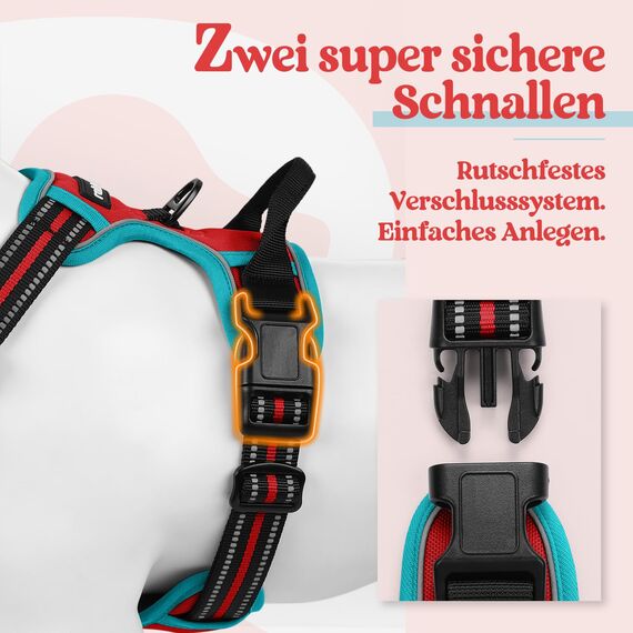 rabbitgoo Hundegeschirr Mittelgroße Hunde, Anti Zug Geschirr mit Kontrolle, No Pull Verstellbar Hundegeschirr Grosse Hunde, Atmungsaktiv Reflexstreifen Brustgeschirr Sichere Führung Rot+Blaugrün S