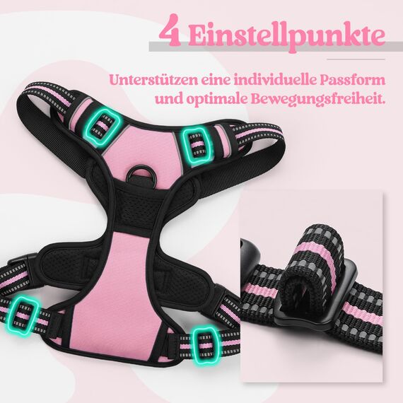 rabbitgoo Hundegeschirr Grosse Hunde, Anti Zug Geschirr mit Kontrolle, No Pull Verstellbar Hundegeschirr Mittelgroße Hunde, Atmungsaktiv Reflexstreifen Brustgeschirr Sichere Führung, Rosa, L