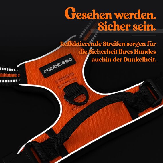 rabbitgoo Hundegeschirr Grosse Hunde, Anti Zug Geschirr mit Kontrolle, No Pull Verstellbar Hundegeschirr Mittelgroße Hunde, Atmungsaktiv Reflexstreifen Brustgeschirr Sichere Führung, Orange, XL