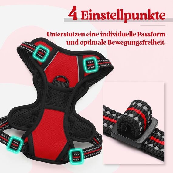 rabbitgoo Hundegeschirr Kleine Hunde, Anti Zug Geschirr mit Kontrolle, No Pull Verstellbar Hundegeschirr Grosse Hunde, Atmungsaktiv Reflexstreifen Brustgeschirr Sichere Führung Rot XS
