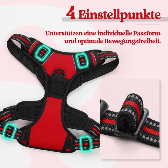 rabbitgoo Hundegeschirr Grosse Hunde, Anti Zug Geschirr mit Kontrolle, No Pull Verstellbar Hundegeschirr Mittelgroße Hunde, Atmungsaktiv Reflexstreifen Brustgeschirr Sichere Führung, Rot, L