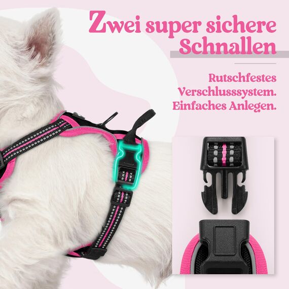 rabbitgoo Hundegeschirr Mittelgroße Hunde, Anti Zug Geschirr mit Kontrolle, No Pull Verstellbar Hundegeschirr Grosse Hunde, Atmungsaktiv Reflexstreifen Brustgeschirr Sichere，Schwarz & Rosarot，XS