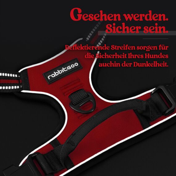 rabbitgoo Hundegeschirr Grosse Hunde, Anti Zug Geschirr mit Kontrolle, No Pull Verstellbar Hundegeschirr Mittelgroße Hunde, Atmungsaktiv Reflexstreifen Brustgeschirr Sichere Führung, Rot, L