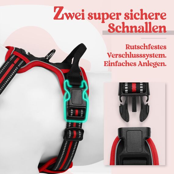 rabbitgoo Hundegeschirr Mittelgroße Hunde, Anti Zug Geschirr mit Kontrolle, No Pull Verstellbar Hundegeschirr Grosse Hunde, Atmungsaktiv Reflexstreifen Brustgeschirr Sichere Führung Schwarz+Rot M