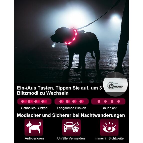 Joytale Leuchthalsband Hund USB Aufladbar Hundehalsband Leuchtend für Große Mittel Kleine Hunde und Welpe, Led Halsband mit 3 Modi für Sicherheit, Rosa