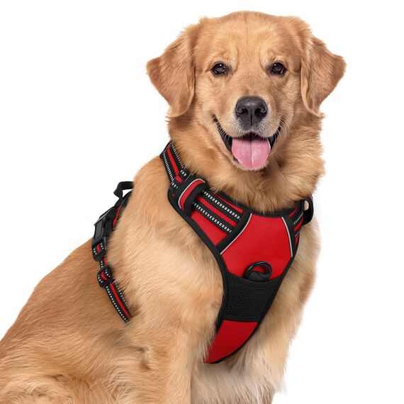 rabbitgoo Hundegeschirr Grosse Hunde, Anti Zug Geschirr mit Kontrolle, No Pull Verstellbar Hundegeschirr Mittelgroße Hunde, Atmungsaktiv Reflexstreifen Brustgeschirr Sichere Führung, Rot, XL