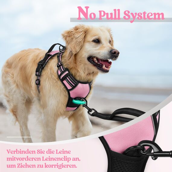 rabbitgoo Hundegeschirr Grosse Hunde, Anti Zug Geschirr mit Kontrolle, No Pull Verstellbar Hundegeschirr Mittelgroße Hunde, Atmungsaktiv Reflexstreifen Brustgeschirr Sichere Führung, Rosa, L