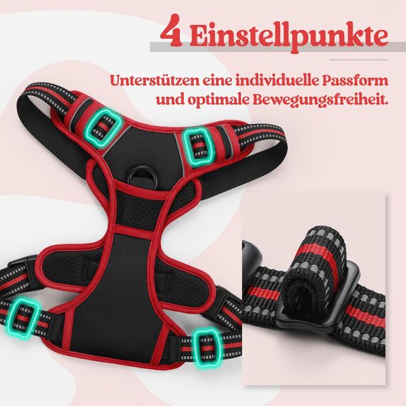 rabbitgoo Hundegeschirr Mittelgroße Hunde, Anti Zug Geschirr mit Kontrolle, No Pull Verstellbar Hundegeschirr Grosse Hunde, Atmungsaktiv Reflexstreifen Brustgeschirr Sichere Führung Schwarz+Rot M