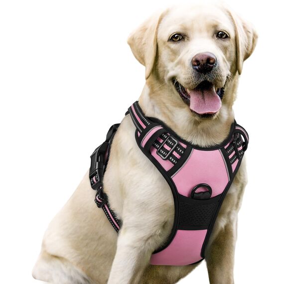 rabbitgoo Hundegeschirr Grosse Hunde, Anti Zug Geschirr mit Kontrolle, No Pull Verstellbar Hundegeschirr Mittelgroße Hunde, Atmungsaktiv Reflexstreifen Brustgeschirr Sichere Führung, Rosa, L