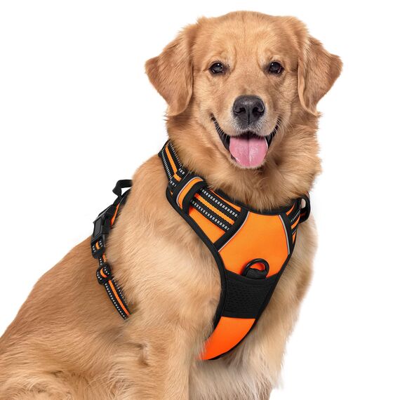 rabbitgoo Hundegeschirr Grosse Hunde, Anti Zug Geschirr mit Kontrolle, No Pull Verstellbar Hundegeschirr Mittelgroße Hunde, Atmungsaktiv Reflexstreifen Brustgeschirr Sichere Führung, Orange, XL