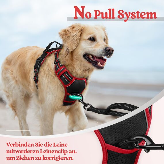 rabbitgoo Hundegeschirr Mittelgroße Hunde, Anti Zug Geschirr mit Kontrolle, No Pull Verstellbar Hundegeschirr Grosse Hunde, Atmungsaktiv Reflexstreifen Brustgeschirr Sichere Führung Schwarz+Rot S