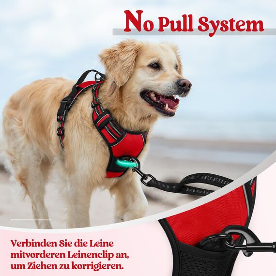 rabbitgoo Hundegeschirr Grosse Hunde, Anti Zug Geschirr mit Kontrolle, No Pull Verstellbar Hundegeschirr Mittelgroße Hunde, Atmungsaktiv Reflexstreifen Brustgeschirr Sichere Führung, Rot, L