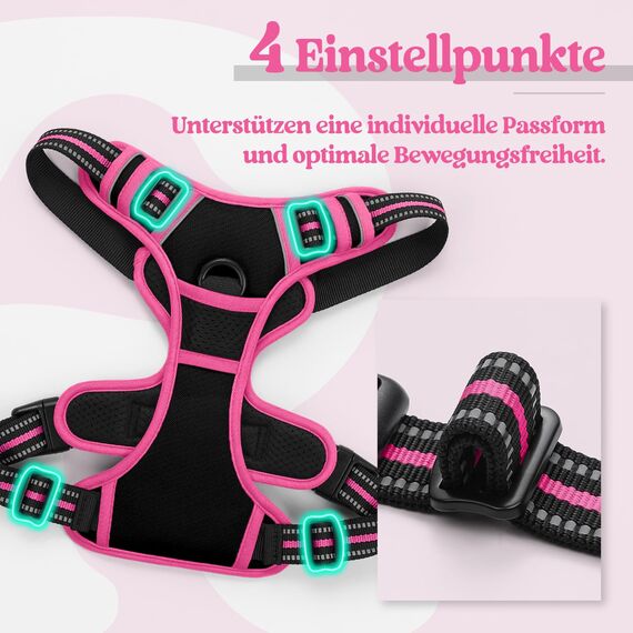 rabbitgoo Hundegeschirr Grosse Hunde, Anti Zug Geschirr mit Kontrolle, No Pull Verstellbar Hundegeschirr Mittelgroße Hunde, Atmungsaktiv Reflexstreifen Brustgeschirr Sichere, Schwarz & Rosarot, L