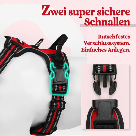 rabbitgoo Hundegeschirr Grosse Hunde, Anti Zug Geschirr mit Kontrolle, No Pull Verstellbar Hundegeschirr Mittelgroße Hunde, Atmungsaktiv Reflexstreifen Brustgeschirr Sichere Führung, Rot, L