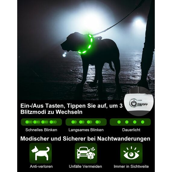 Joytale Leuchthalsband Hund USB Aufladbar Hundehalsband Leuchtend für Große Mittel Kleine Hunde und Welpe, Led Halsband mit 3 Modi für Sicherheit, Grün