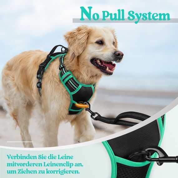 rabbitgoo Hundegeschirr Grosse Hunde, Anti Zug Geschirr mit Kontrolle, No Pull Verstellbar Hundegeschirr Mittelgroße Hunde, Atmungsaktiv Reflexstreifen Brustgeschirr Sichere Führung, Schwarz & Grün, L